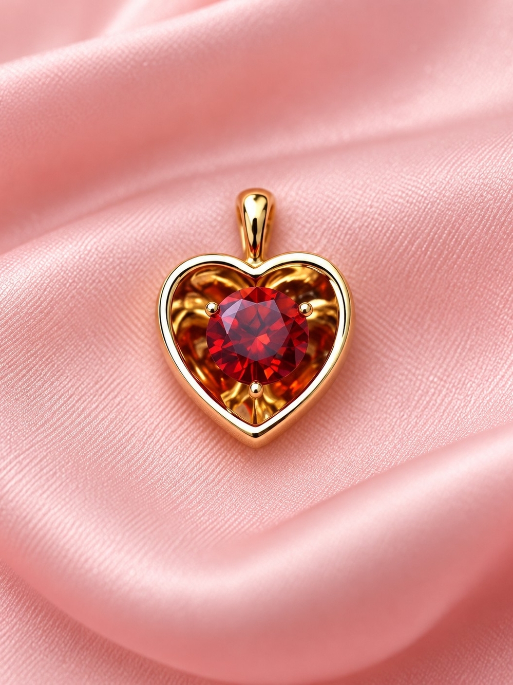 14k. Laminated Gold Heart Pendant Necklace with Red Gemstone